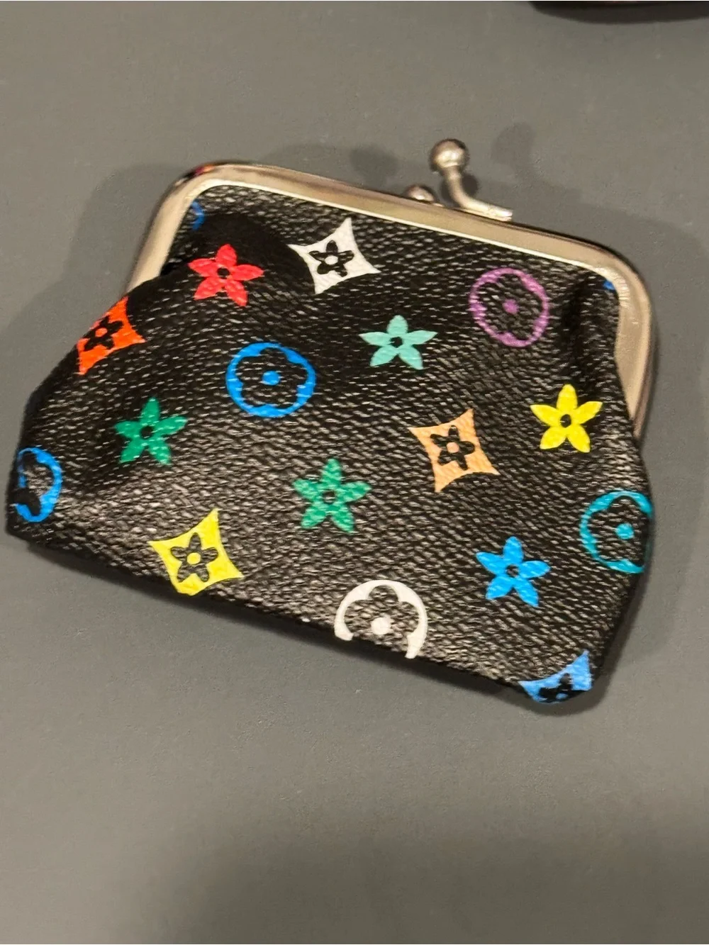 NIP Mini Kiss Lock Coin Purse Black Multicolor Floral Monogram Print